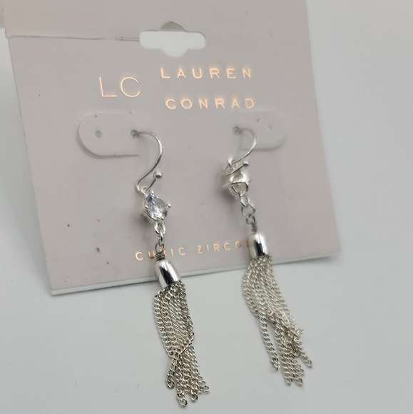 Lauren Conrad silver chain tassel earrings cubic zirconia - Picture 4 of 4